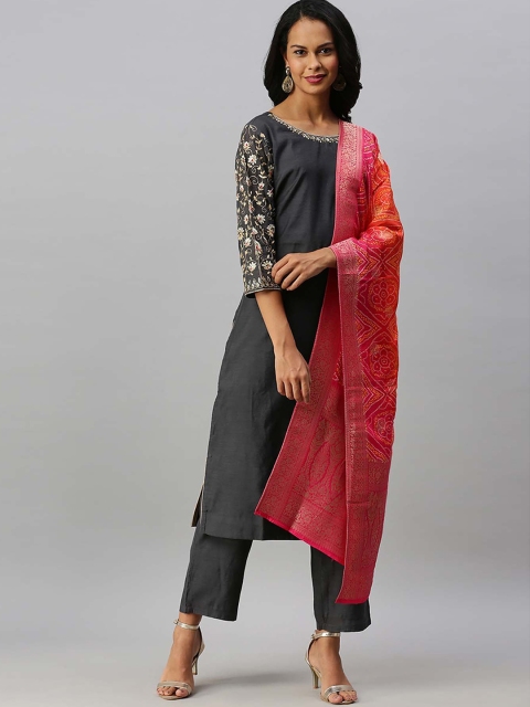 Soch Women Grey Embroidered Kurta with Trousers & Dupatta