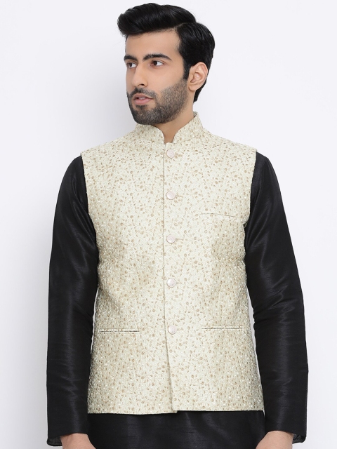 NAMASKAR Men Off-White & Gold-Coloured Embroidered Woven Pure Silk Nehru Jacket