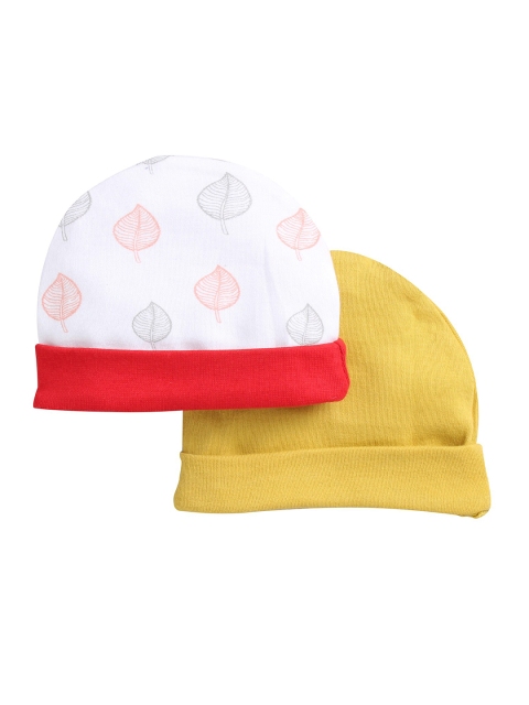 BUMZEE Unisex Kids Pack Of 2 Yellow & White Printed Beanies