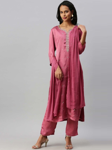 Soch Women Pink Embroidered Kurta with Trousers & Dupatta