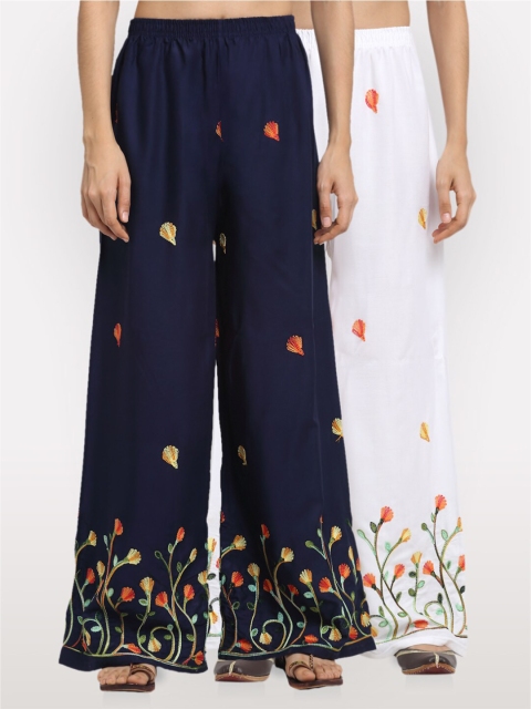 NEUDIS Women Navy Blue & White Set of 2 Embroidered Wide Leg Palazzos