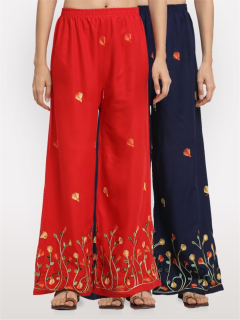 NEUDIS Women Pack Of 2 Navy Blue & Orange Embroidered Wide Leg Palazzos