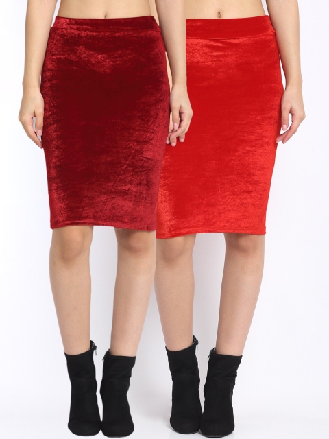 NEUDIS Women Pack Of 2 Solid Velvet Pencil Skirts, Maroon