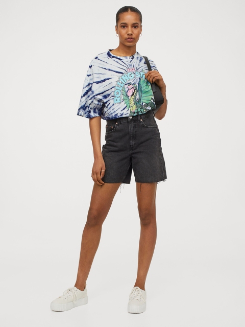 H&M Women Blue Cropped Printed T-shirt