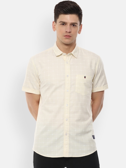Louis Philippe Jeans Men Yellow & White Slim Fit Checked Casual Shirt