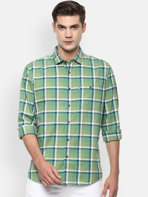 Louis Philippe Jeans Men Green & White Slim Fit Checked Casual Shirt