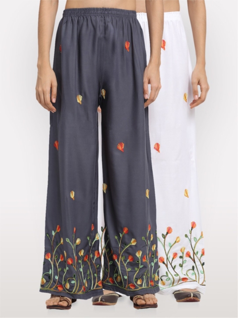 NEUDIS Women Pack of 2 Embroidered Wide Leg Palazzos, Grey