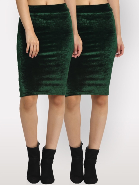 Velvet Women Pack Of Green Solid Velvet High Waist Pencil Midi Skirt