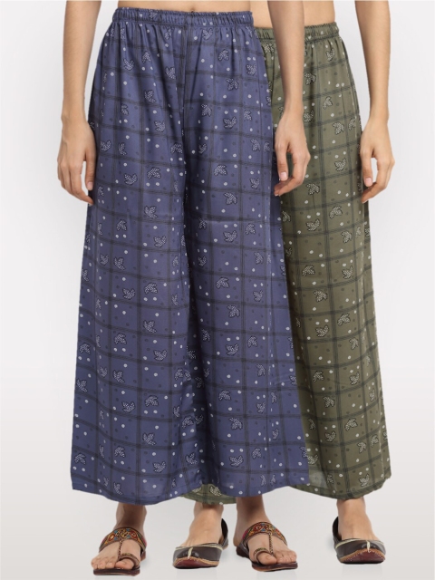 NEUDIS Women pack of 2 Olive Green & Blue Checked Palazzos