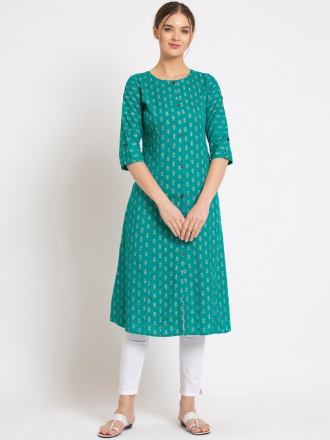 ALC Creations Women Green Geometric Checked Thread Work Kurta