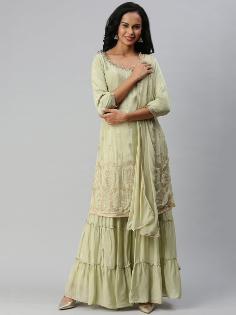 Soch Women Green Woven Design Kurta with Palazzos & Dupatta