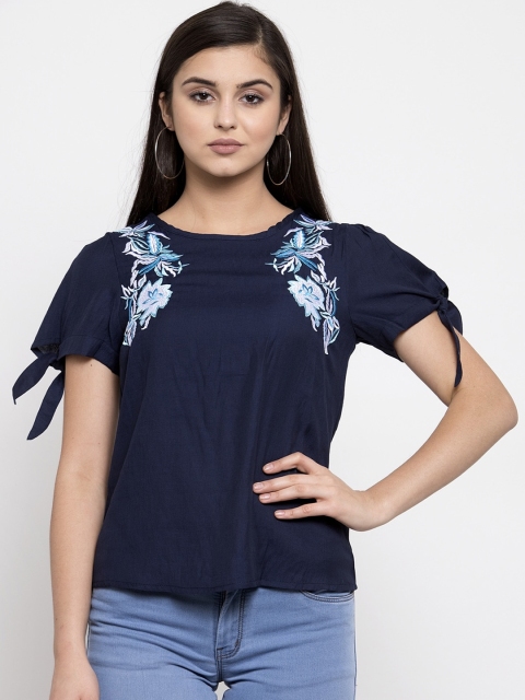 Global Republic Navy Blue & White Floral Embroidered Regular Top