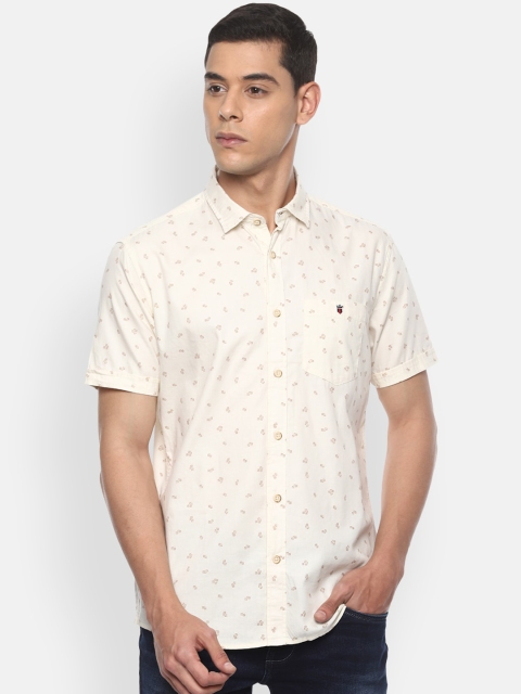 Louis Philippe Jeans Men Beige Slim Fit Printed Cotton Linen Casual Shirt