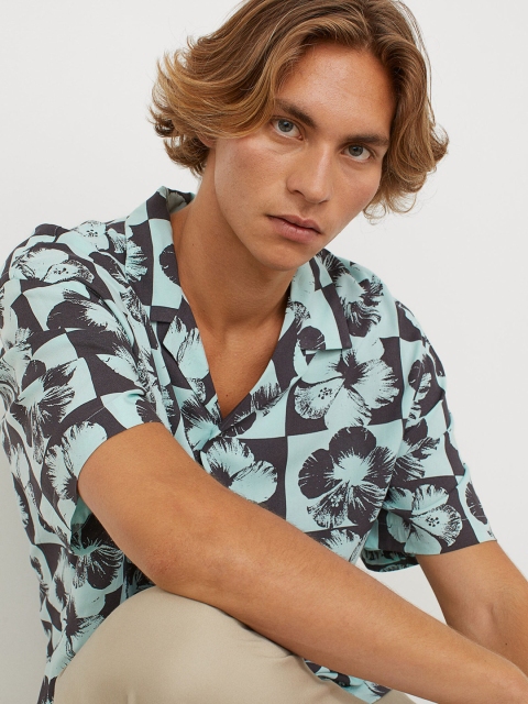 H&M Men Turquoise Blue & Black Patterned Resort Shirt