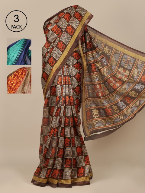Pothys Brown 3Pack Checked Embroidered Jute Silk Saree