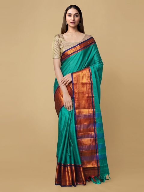 Unnati Silks Teal Zari Silk Cotton Narayan Peth Handloom Sustainable Saree