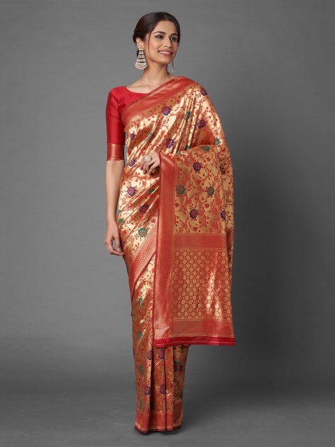Mitera Red Ethnic Motifs Zari Silk Blend Banarasi Saree