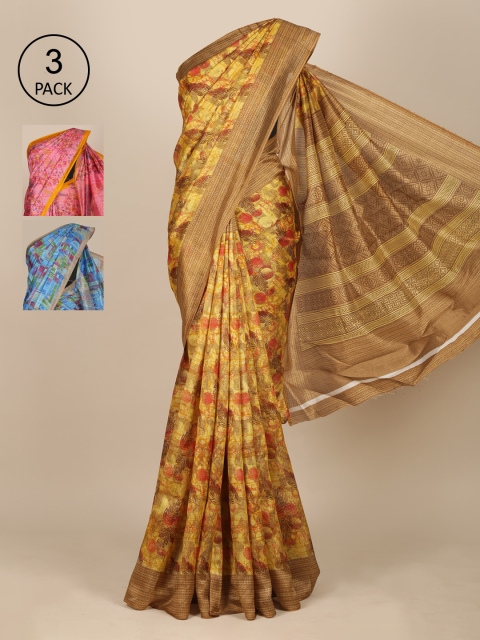 Pothys Pack Of 3 Zari Jute Silk Sarees, Pink