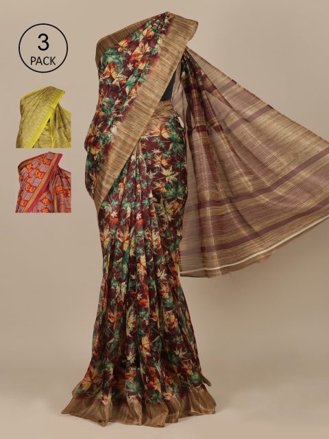 Pothys Purple & Maroon Set of 3 Jute Silk Saree
