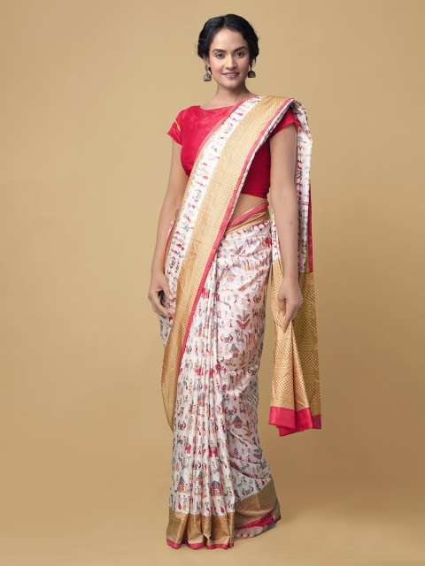 Unnati Silks White & Red Ethnic Motifs Block Printed Saree