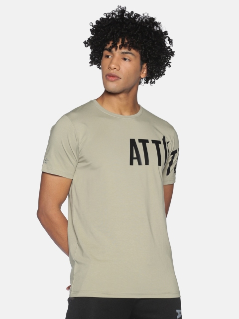 ATTIITUDE Men Olive & Black Brand Logo Printed Slim Fit T-shirt