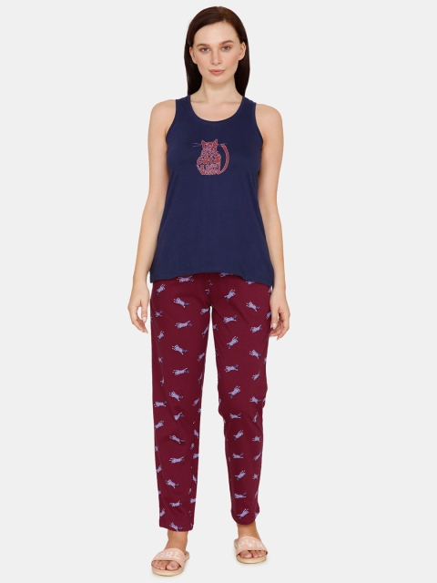 Zivame Women Navy Blue & Maroon Printed Night suit