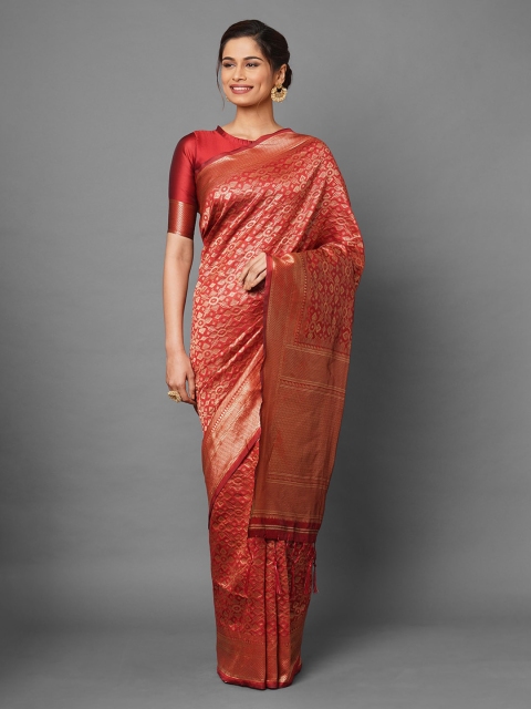 Mitera Maroon & Gold-Toned Ethnic Motifs Silk Blend Banarasi Saree
