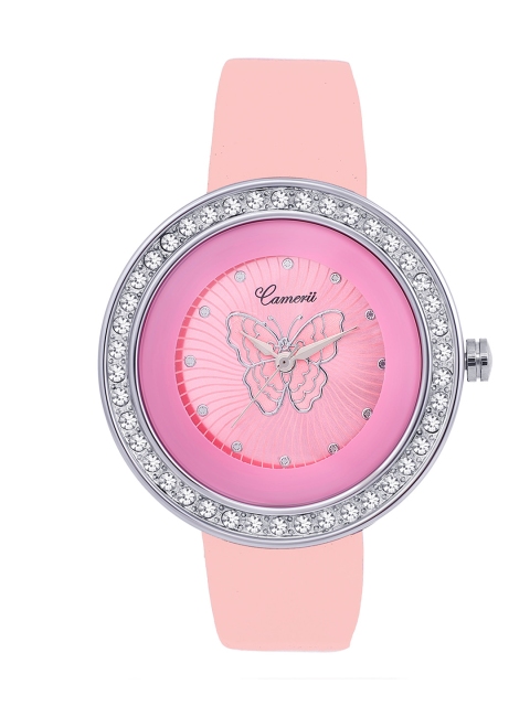 Camerii Women Silver Brass Embellished Dial & Pink Leather Straps Analogue Watch CWL566_B