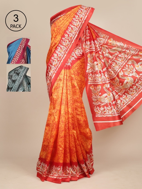 Pothys Pack of 3 Ethnic Motifs Jute Silk Sarees, Orange