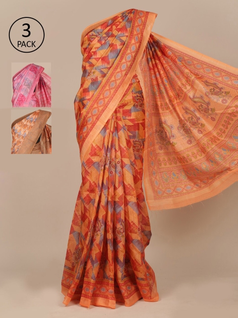 Pothys Orange & Pink Set of 3 Jute Silk Saree