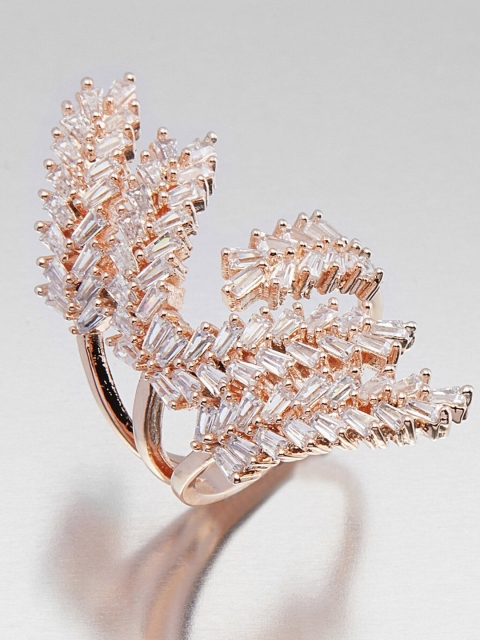 shaze Rose-Gold-Toned White Cubic-Zirconia-Studded Pine Petal Finger Ring