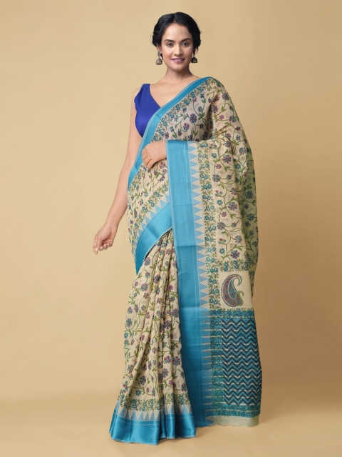 Unnati Silks Beige Floral Silk Cotton Handloom Chanderi Saree