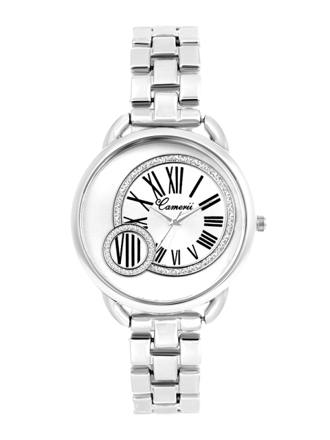 Camerii Women Silver-Toned Brass Embellished Dial & Silver Toned Stainless Steel Bracelet Style Straps Watch
