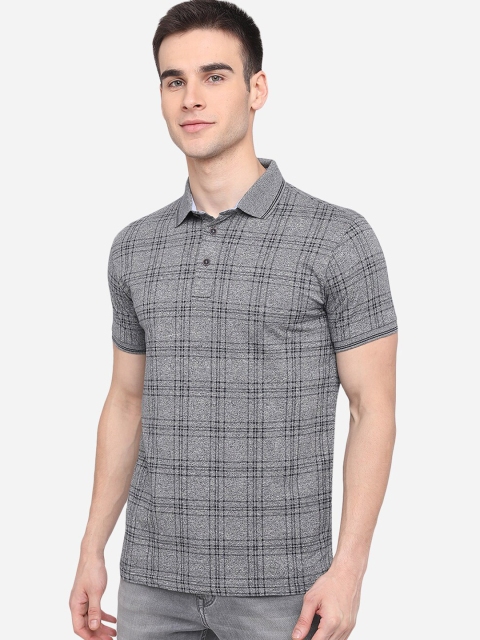 JADE BLUE Men Grey Checked Polo Collar Cotton Slim Fit T-shirt