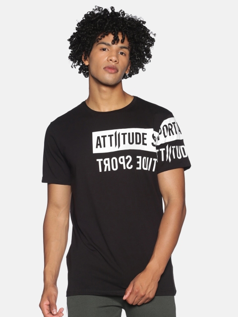 ATTIITUDE Men Black & White Brand Logo Printed Slim Fit T-shirt