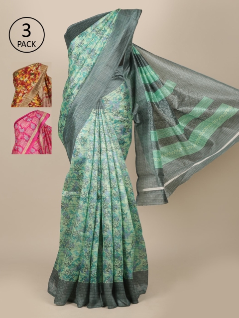 Pothys Pack Of 3 Ethnic Motifs Jute Silk Saree, Green
