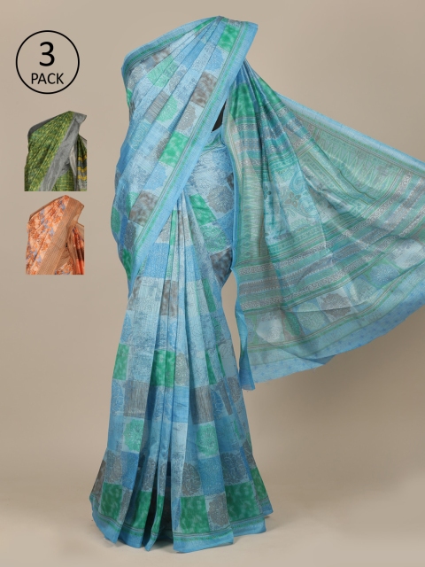 Pothys Pack Of 3 Jute Silk Sarees, Blue