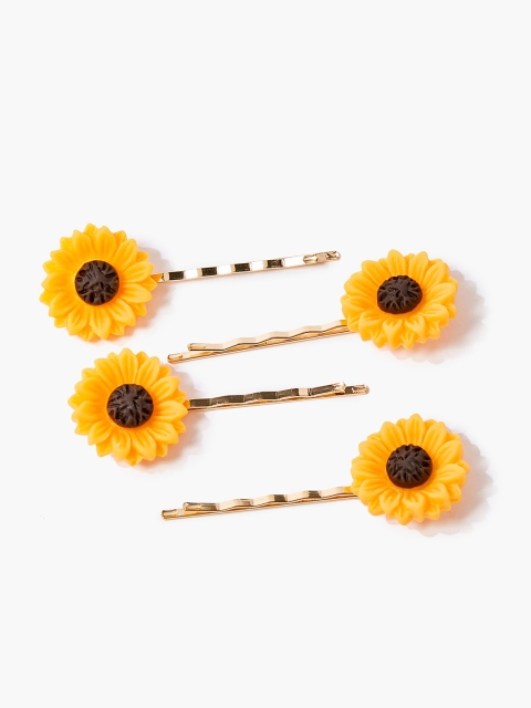 FOREVER 21 Women Gold & Yellow Set of 4 Embellished Bobby Pins