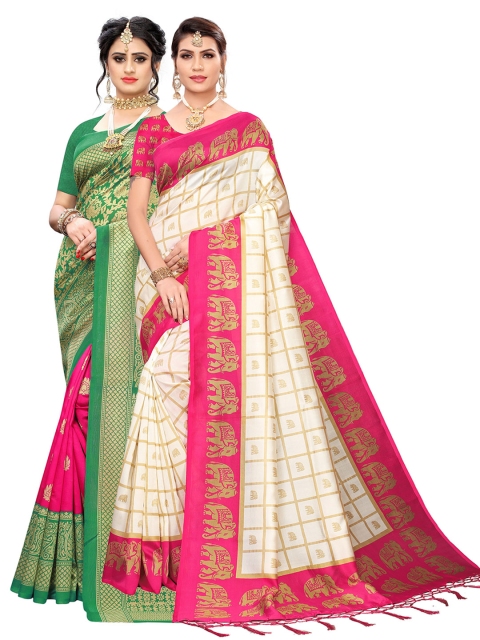 KALINI Pink & Cream-Coloured Pack of 2 Ethnic Motifs Art Silk Sarees