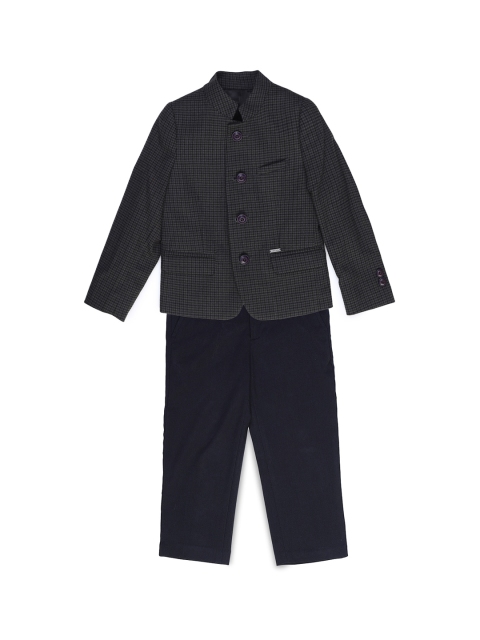 Allen Solly Junior Boys Grey & Blue Checked 2-Piece Bandhgala Blazer