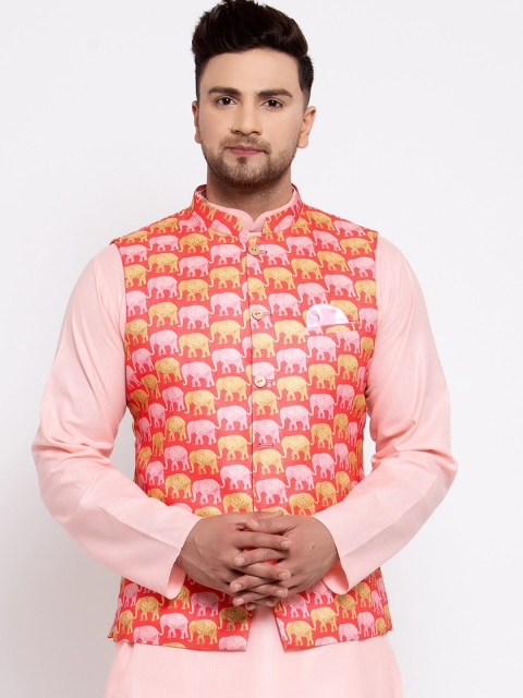 MAXENCE Men Peach-Coloured & Yellow Printed Pure Silk Woven Slim-Fit Nehru Jacket