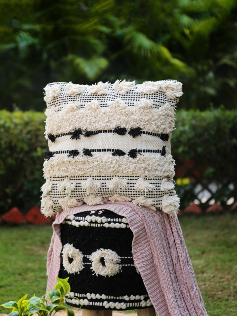 Amoliconcepts Beige & Black Embellished Square Cushion Covers