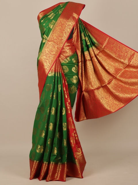 Pothys Green & Red Ethnic Motifs Zari Jute Silk Saree