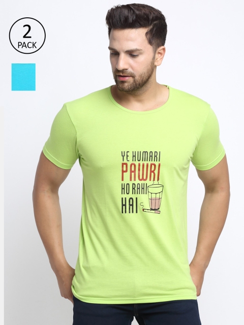 VIMAL JONNEY Men Green & Turquoise Blue Typography Set of 2 Printed T-shirt