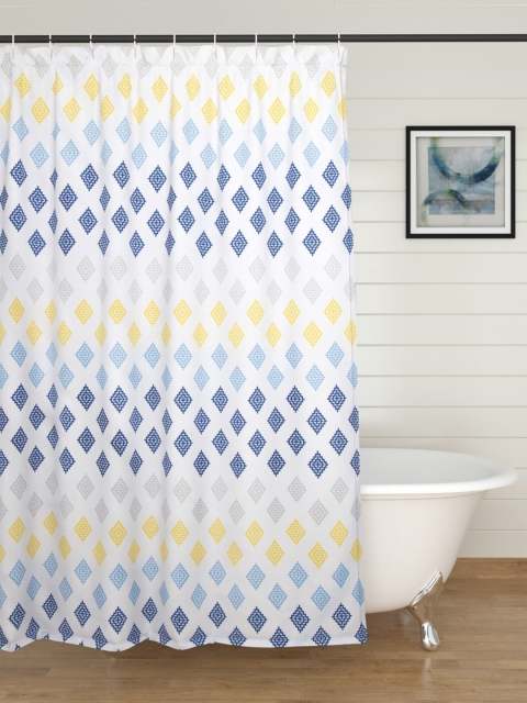 Home Centre White & Blue Geometric Shower Curtain