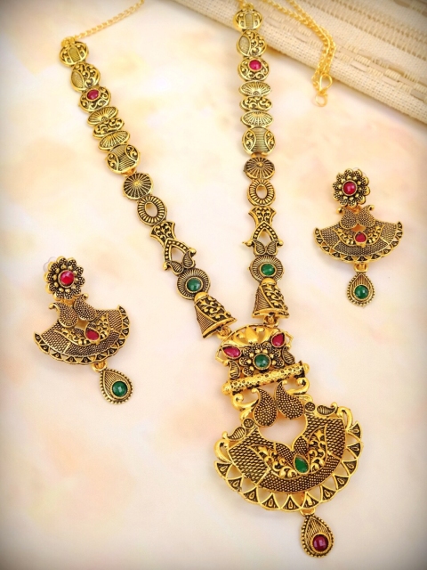 Crunchy Fashion Gold-Plated Magenta-Pink & Green Stone-Studded Traditional Jewellery Set
Crunchy Fashion Gold-Plated Magenta-Pink & Green Stone-Studded Traditional Jewellery Set