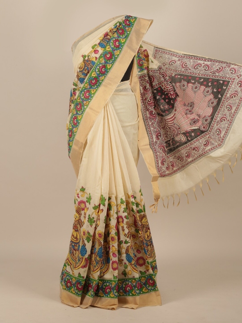 Pothys Cream & Pink Ethnic Motifs Zari Pure Cotton Saree