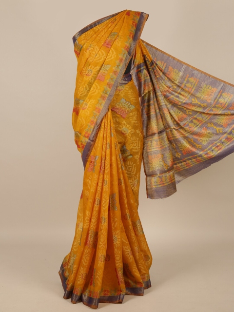 Pothys Yellow & Grey Floral Jute Silk Saree