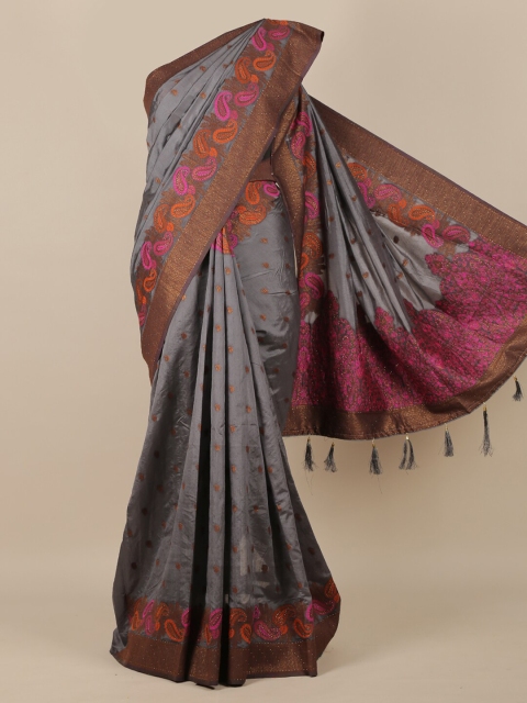 Pothys Grey & Pink Ethnic Motifs Beads and Stones Jute Silk Saree