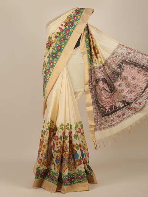Pothys Cream-Coloured & Green Printed Pure Cotton Saree